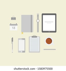 set of working tool and gadget flat design vector illustration, top view of paperclip, calendar, pen, smartphone, tablet, jorunal paper, blocknote, coffee, watch, tablet