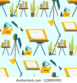 A set of working tools for the architect to work. Vector illustration of working cartoon characters in coworking studio. The concept of construction, architecture, design, workplace.