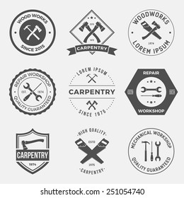 set of working tools, carpentry, workshop labels, logos, badges and design elements