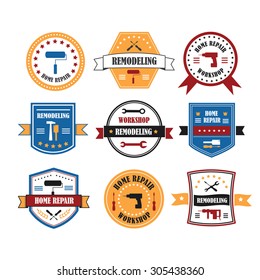 Set of working tools, carpentry, workshop labels, logos, badges and design elements. Home repair panting service design labels set. Vector illustration