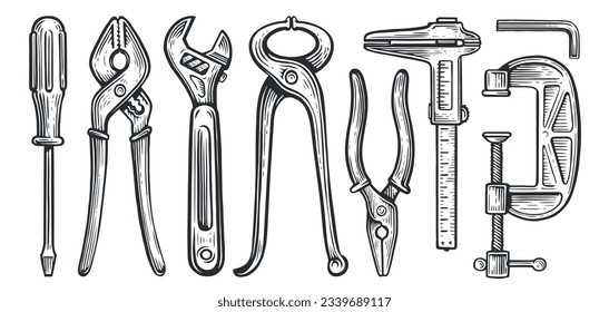 Set of working tools. Construction, building, repair concept. Screwdriver, pliers, wrench, calipers, clamping vice