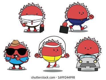 Set of working virus life in society. Character of Corona Virus. Icon of Covid19vector and cartoon