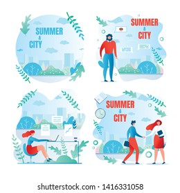 Set Working Weekdays, Written Summer and City. People Work in Summer in Big City. Men and Women Finish Working Week and are Going to Rest. Girl Working in Office. Vector Illustration.