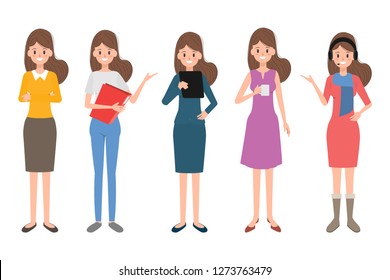 Set of working woman in different pose. People character in occupation.