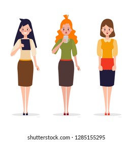 Set of working woman in different pose. People character administration.