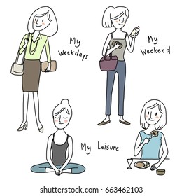 Set of working woman and her activities on weekdays and weekend such as working, shopping, keeping healthy body and mind with yoga, enjoying her good food. Vector illustration with hand-drawn style.