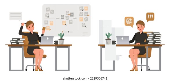 Set of working woman wear black dress color character vector design. Presentation in various action. People working in office planning, thinking and economic analysis on isolated white background.