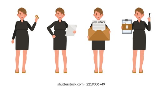 Set of working woman wear black dress color character vector design. Presentation in various action. People working in office planning, thinking and economic analysis on isolated white background.