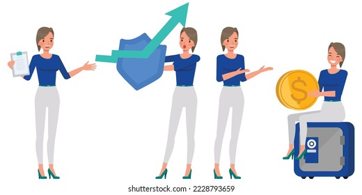 Set of working woman wear blue shirt character vector design. Presentation in various action. Businesswoman working in office planning, thinking and economic analysis on isolated white background.