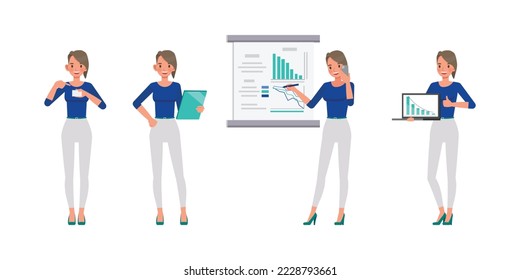 Set of working woman wear blue shirt character vector design. Presentation in various action. Businesswoman working in office planning, thinking and economic analysis on isolated white background.