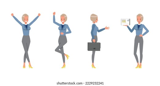 Set of working woman wear blue suit character vector design. Presentation in various action. Businesswoman working in office planning, thinking and economic analysis on isolated white background.