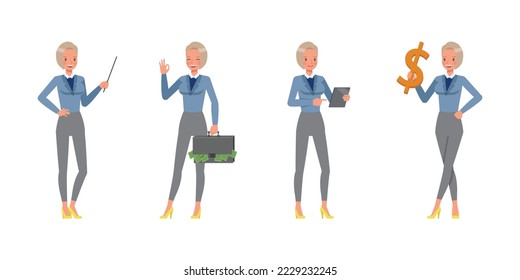 Set of working woman wear blue suit character vector design. Presentation in various action. Businesswoman working in office planning, thinking and economic analysis on isolated white background.
