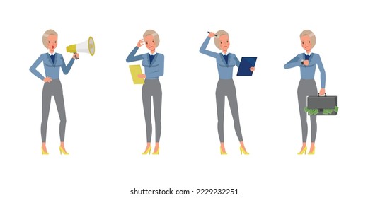 Set of working woman wear blue suit character vector design. Presentation in various action. Businesswoman working in office planning, thinking and economic analysis on isolated white background.