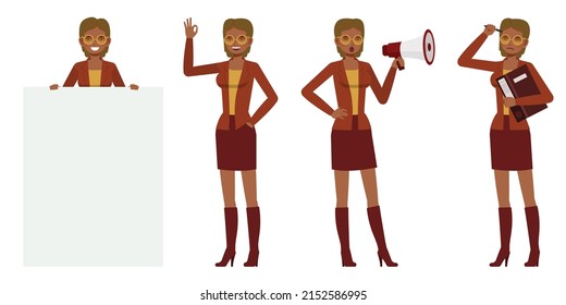 Set of working woman wear brown color suit character vector design. Presentation in various action. People working in office planning, thinking and economic analysis.