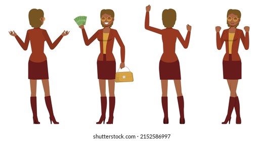 Set of working woman wear brown color suit character vector design. Presentation in various action. People working in office planning, thinking and economic analysis.