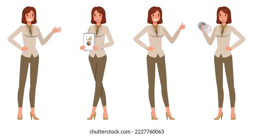 Set of working woman wear brown suit character vector design. Presentation in various action. Businesswoman working in office planning, thinking and economic analysis on isolated white background.