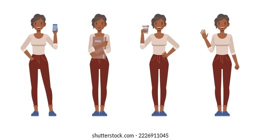 Set of working woman wear cream shirt character vector design. Presentation in various action. Businesswoman working in office planning, thinking and economic analysis on isolated white background.