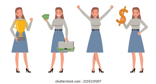 Set of working woman wear grey shirts color character vector design. Presentation in various action. People working in office planning, thinking and economic analysis.