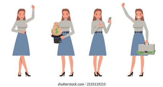 Set of working woman wear grey shirts color character vector design. Presentation in various action. People working in office planning, thinking and economic analysis.