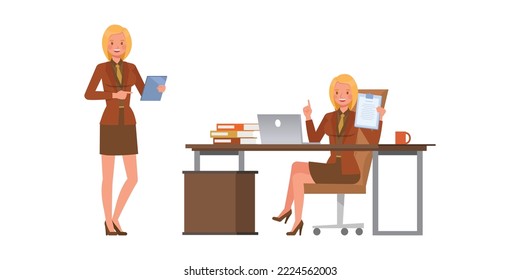 Set of working woman wear orange suit character vector design. Presentation in various action. Businesswoman working in office planning, thinking and economic analysis on isolated white background.