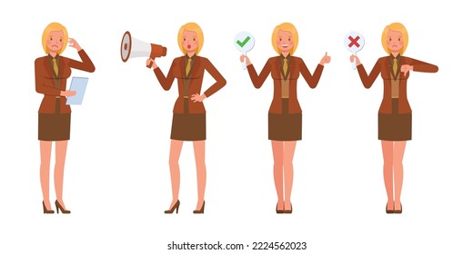 Set of working woman wear orange suit character vector design. Presentation in various action. Businesswoman working in office planning, thinking and economic analysis on isolated white background.