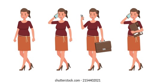 Set of working woman wear red shirts color character vector design. Presentation in various action. People working in office planning, thinking and economic analysis.