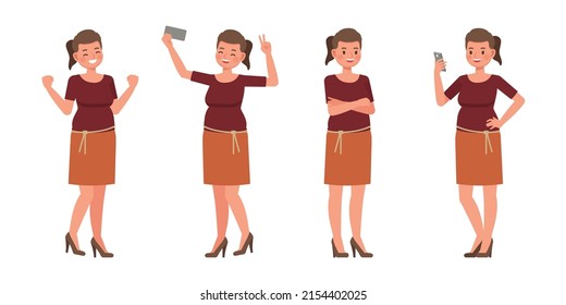 Set of working woman wear red shirts color character vector design. Presentation in various action. People working in office planning, thinking and economic analysis.