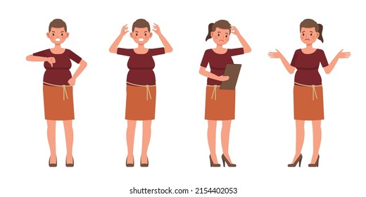 Set of working woman wear red shirts color character vector design. Presentation in various action. People working in office planning, thinking and economic analysis.