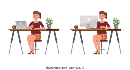 Set of working woman wear red shirts color character vector design. Presentation in various action. People working in office planning, thinking and economic analysis.