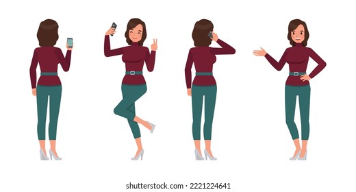Set of working woman wear red sweater character vector design. Presentation in various action. Businesswoman working in office planning, thinking and economic analysis on isolated white background.
