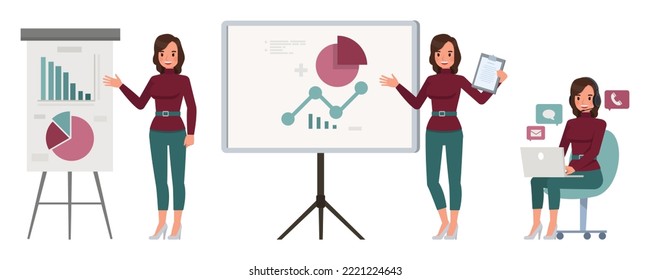 Set of working woman wear red sweater character vector design. Presentation in various action. Businesswoman working in office planning, thinking and economic analysis on isolated white background.