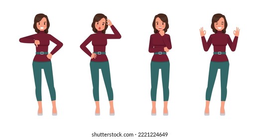 Set of working woman wear red sweater character vector design. Presentation in various action. Businesswoman working in office planning, thinking and economic analysis on isolated white background.