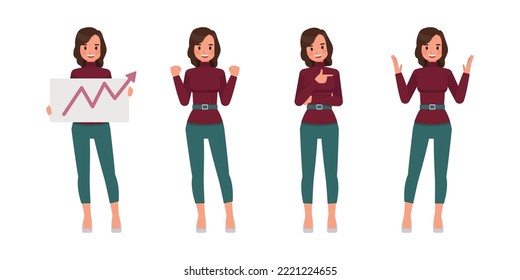 Set of working woman wear red sweater character vector design. Presentation in various action. Businesswoman working in office planning, thinking and economic analysis on isolated white background.