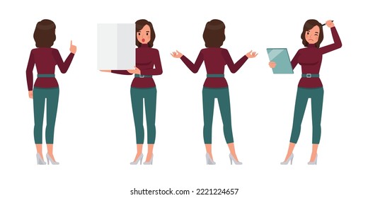 Set of working woman wear red sweater character vector design. Presentation in various action. Businesswoman working in office planning, thinking and economic analysis on isolated white background.