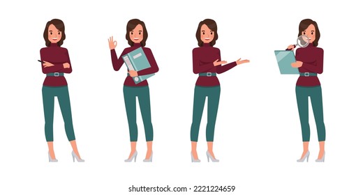 Set of working woman wear red sweater character vector design. Presentation in various action. Businesswoman working in office planning, thinking and economic analysis on isolated white background.