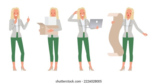 Set of working woman wear white suit character vector design. Presentation in various action. Businesswoman working in office planning, thinking and economic analysis on isolated white background.