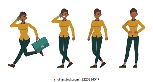 Set of working woman wear yellow shirt character vector design. Presentation in various action. Businesswoman working in office planning, thinking and economic analysis on isolated white background.