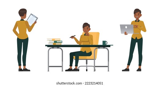 Set of working woman wear yellow shirt character vector design. Presentation in various action. Businesswoman working in office planning, thinking and economic analysis on isolated white background.