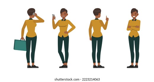 Set of working woman wear yellow shirt character vector design. Presentation in various action. Businesswoman working in office planning, thinking and economic analysis on isolated white background.