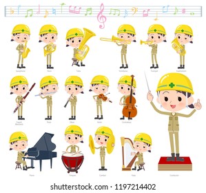 A set of working women on classical music performances.There are actions to play various instruments such as string instruments and wind instruments.It's vector art so it's easy to edit.