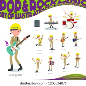 A set of working women playing rock 'n' roll and pop music.There are also various instruments such as ukulele and tambourine.It's vector art so it's easy to edit.