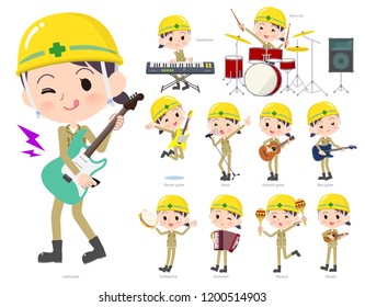 A set of working women playing rock 'n' roll and pop music.There are also various instruments such as ukulele and tambourine.It's vector art so it's easy to edit.