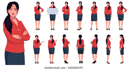 Set Of Working Women Vector Characters Design In Office Clothes Diffrent Posses Front Back And Side View Real Character Style