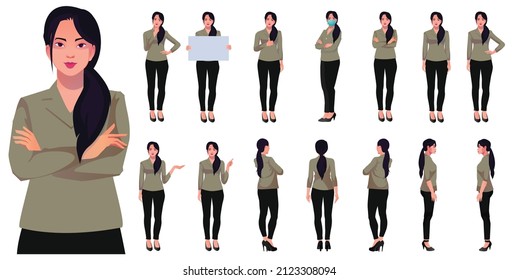 set of working women vector characters design in diffrent posses front back and side view real character style