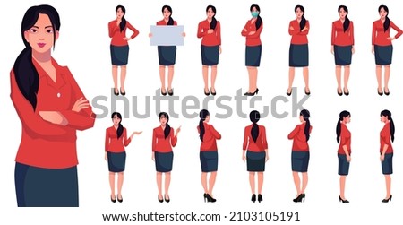 set of working women vector characters design in office clothes diffrent posses front back and side view real character style