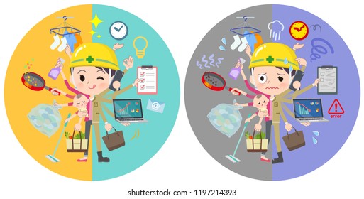 A set of working women who perform multitasking in offices and private.There are things to do smoothly and a pattern that is in a panic.It's vector art so it's easy to edit.