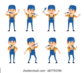 Set of workman characters with microphone showing various actions. Funny worker singing. Simple vector illustration