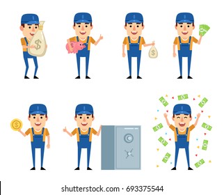 Set of workman characters with money showing various actions. Cheerful worker holding bag of money, piggy bank, coin and showing other actions. Simple vector illustration