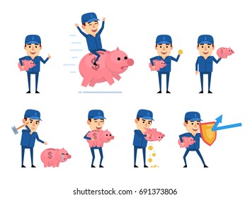 Set of workman characters posing with piggy bank in various situations. Cheerful worker riding piggy bank, protecting his savings and showing other actions. Simple vector illustration