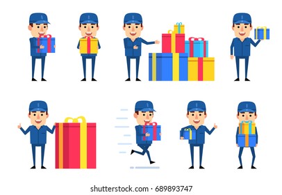 Set of workman characters posing with various gift boxes. Cheerful courier holding present, running and showing other actions. Simple vector illustration